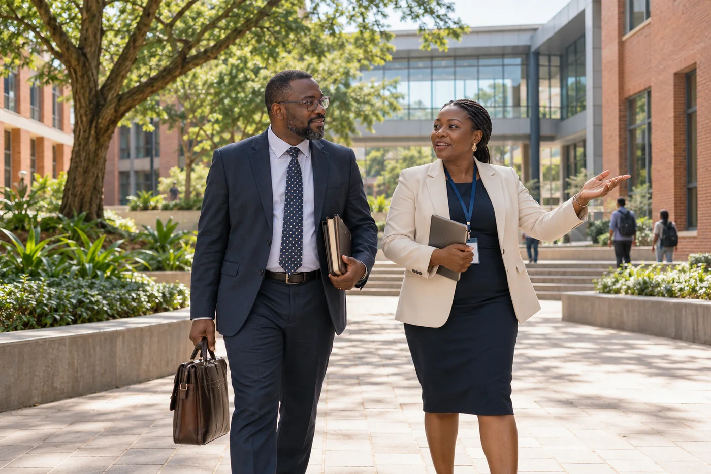 Visiting lecturer and campus administrator walking through a university courtyard