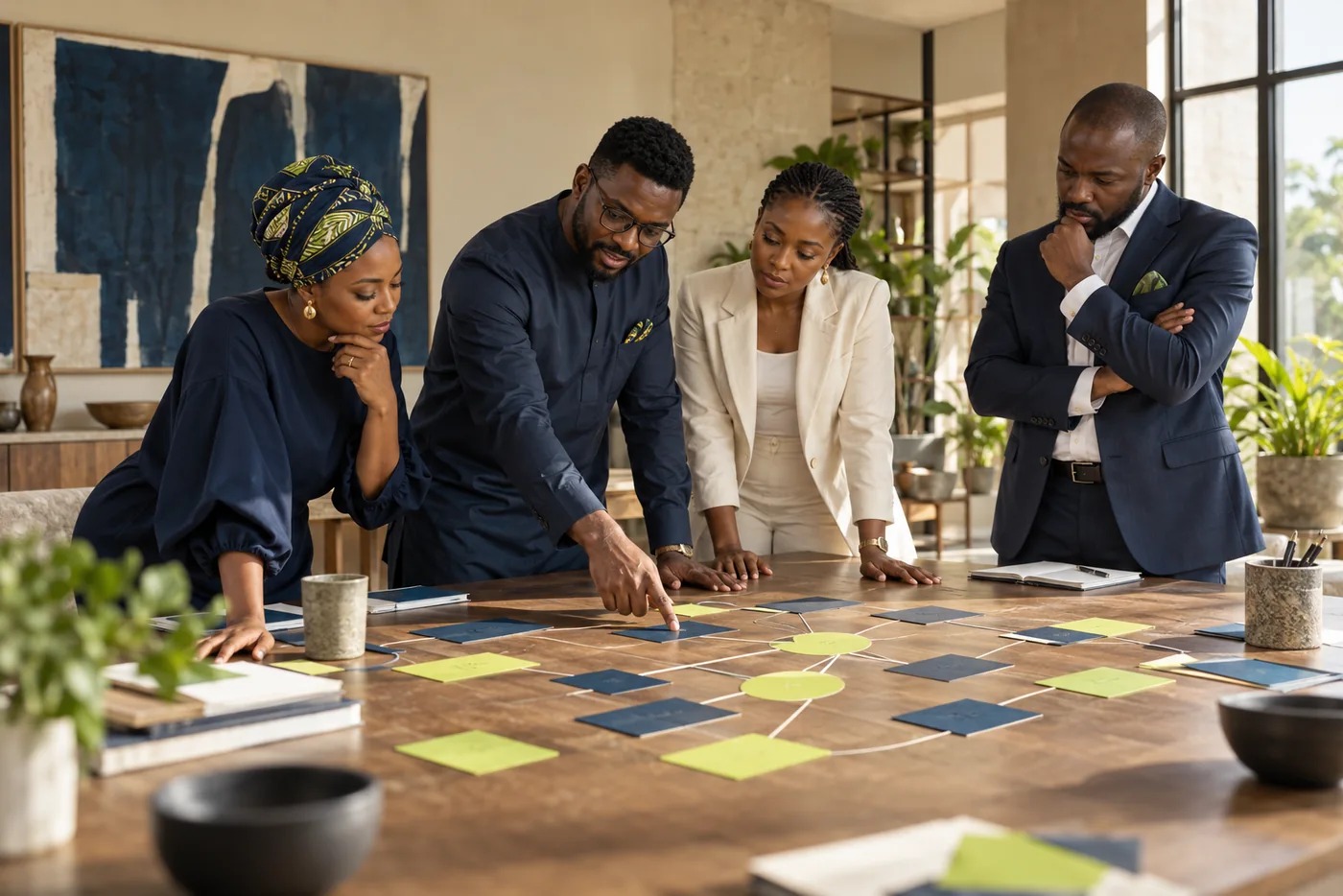 Operations leaders planning a connected workflow around a workshop table
