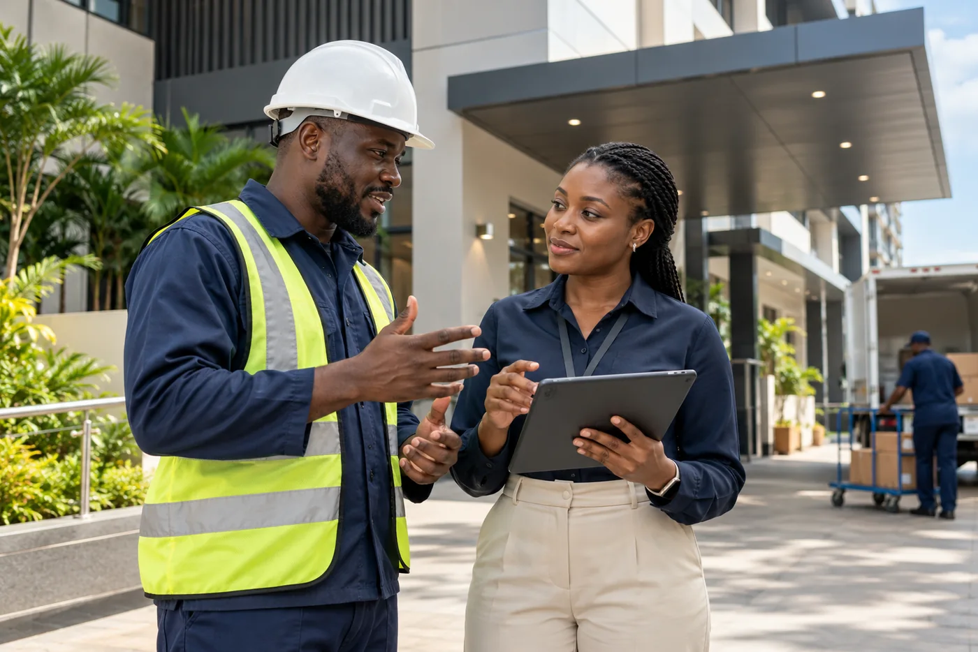 Contractor and operations coordinator discussing an arrival at a service entrance