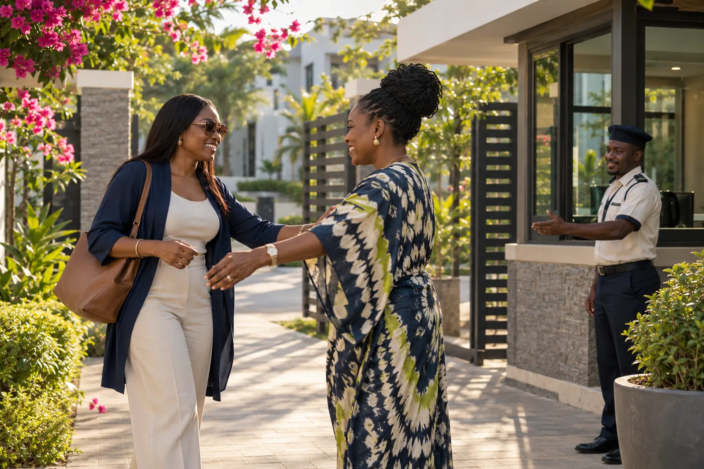 Resident welcoming a guest at a landscaped estate entrance with a gate officer