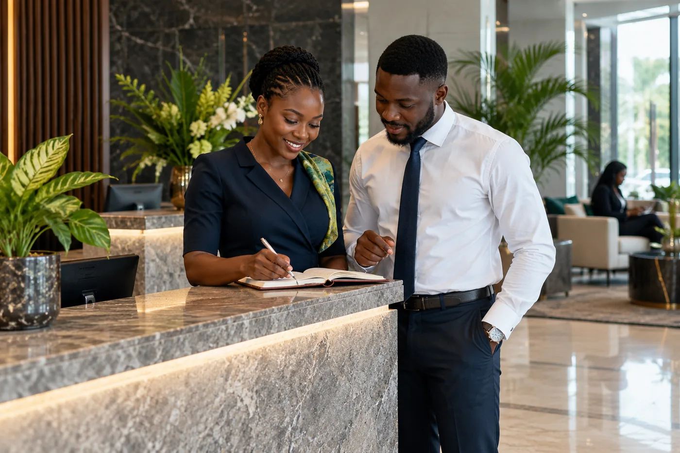 Reception manager and colleague planning the day at a contemporary office front desk