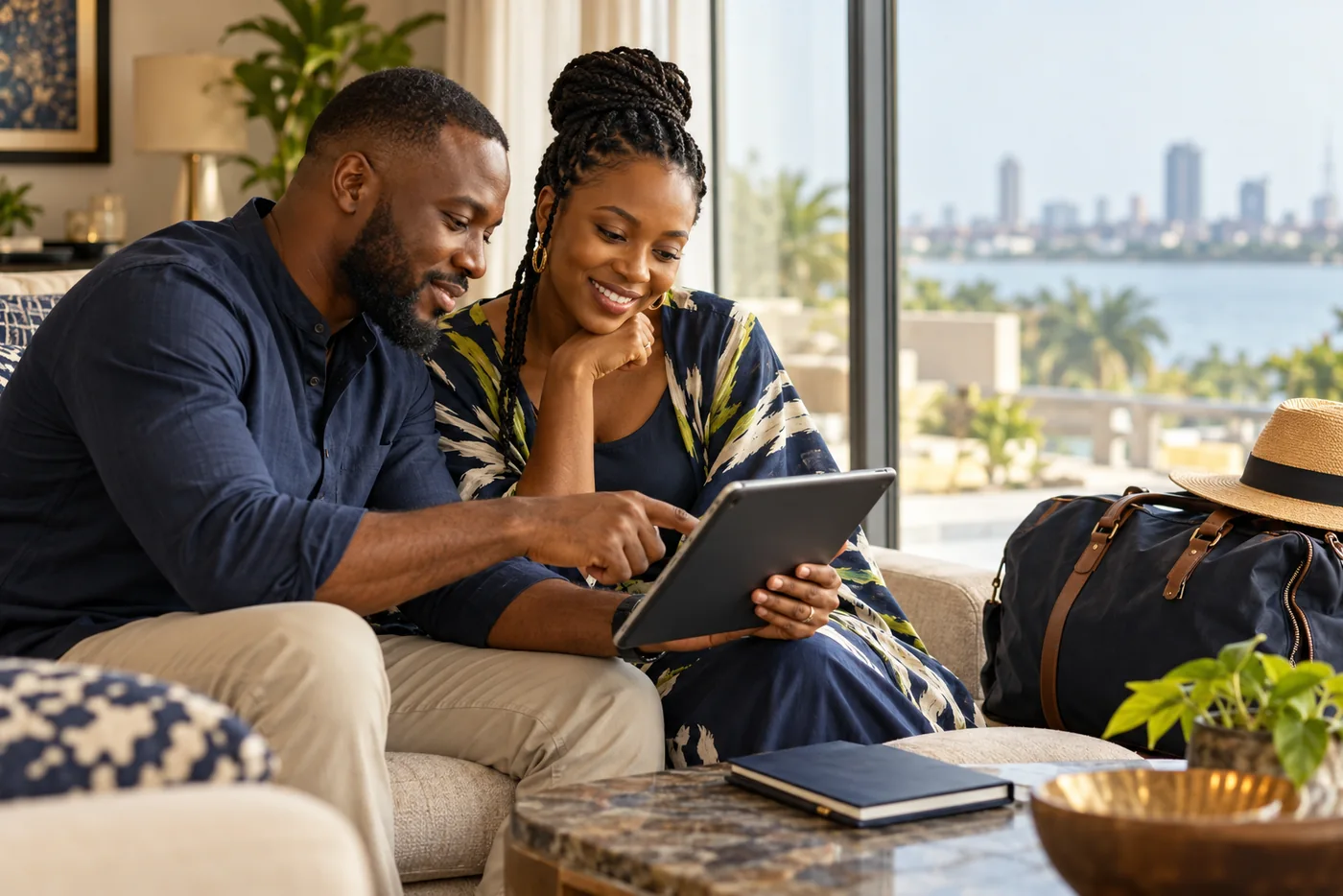 Couple planning a hotel stay using a tablet at home