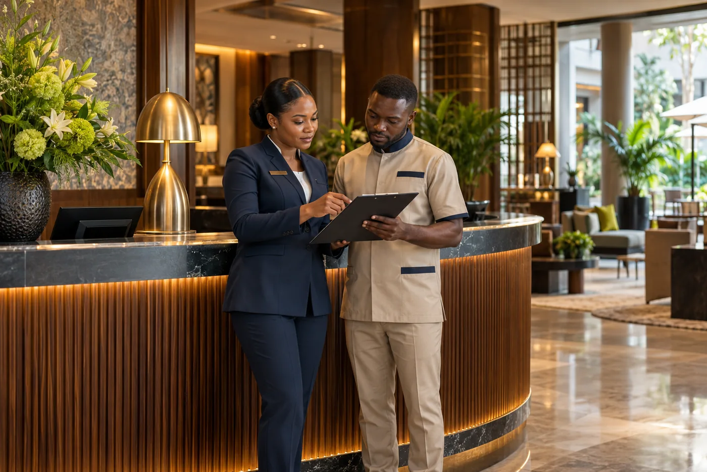 Hotel front-desk supervisor and housekeeping lead reviewing a shift handover