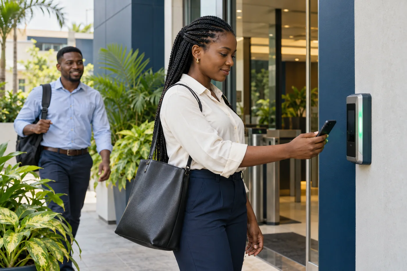 Employee using a phone beside a workplace attendance kiosk