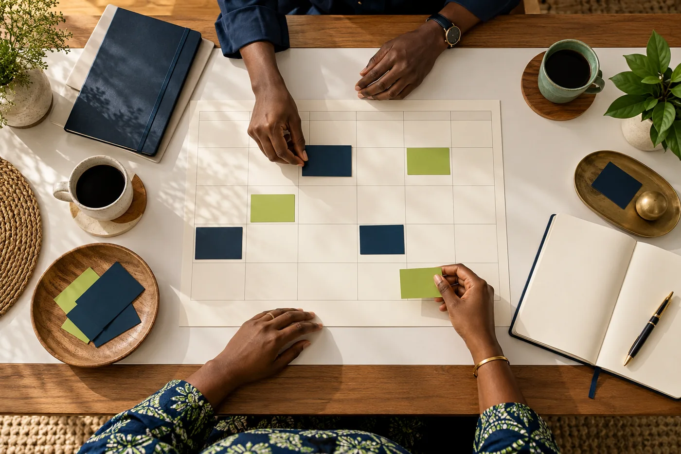 Colleagues coordinating a schedule using blank calendar cards