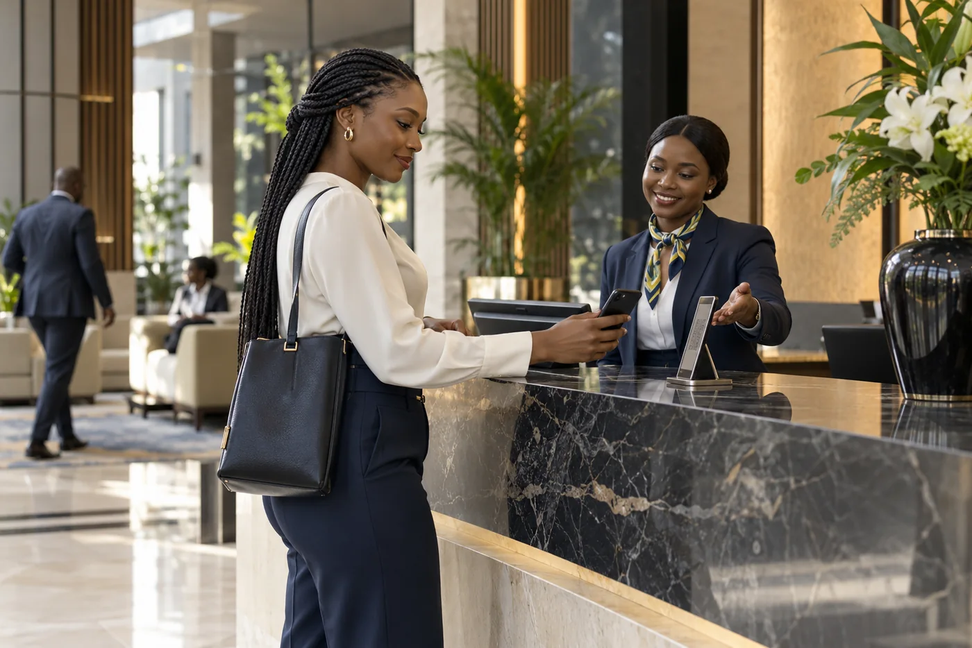 Visitor using a phone at reception while a receptionist provides assistance