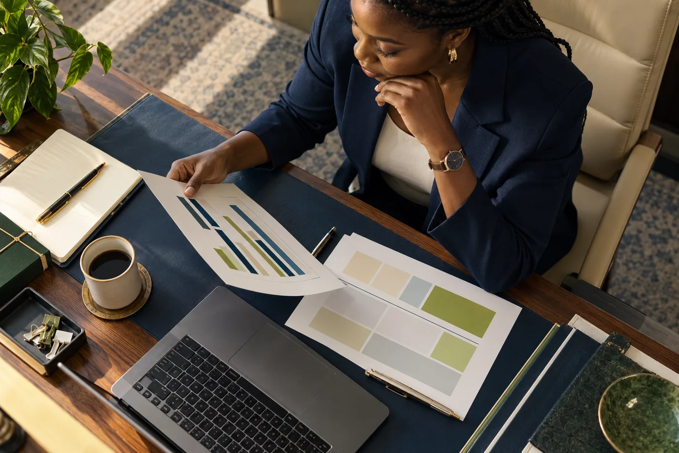 Operations analyst reviewing printed charts and planning sheets